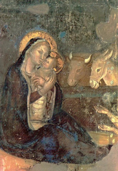 HI. Klara: Freske aus 15. Jhdt. - Krippe Muttergottes  mit dem Jesuskind (Teilansicht) Vorderseite
