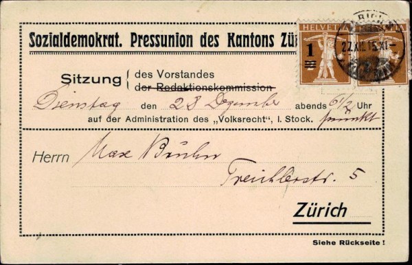 Sozialdemokrat. Presseunion Zürich, Vorstandssitzung 1915 Vorderseite