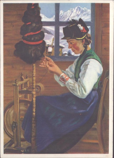 Karl Anneler, Lötchentaler Mädchen am Spinnrad Vorderseite