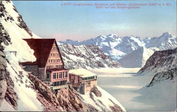Jungfraubahn. Berghaus und Station Jungfraujoch. Blick auf den Aletschgletscher Vorderseite