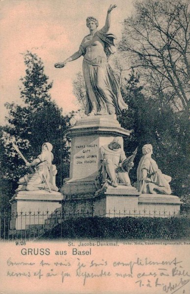 Gruss aus Basel. St. Jacobs-Denkmal. 1902 Vorderseite