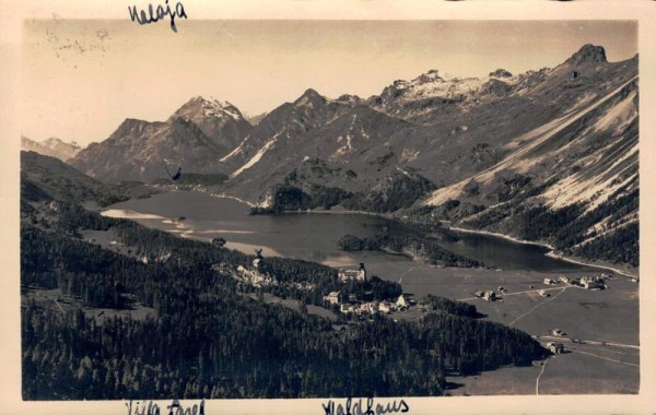 Sils im Engadin. Blick von "Der letzten Bank" auf den Silsersee und Maloja. 1932 Vorderseite