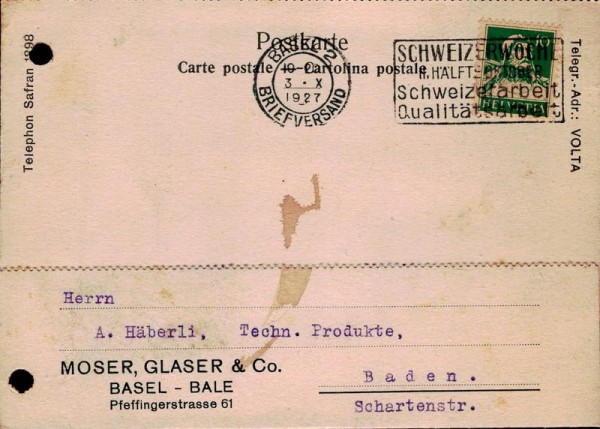 Bestellkarte, Moser, Glaser & Co, Basel, 1927 Vorderseite