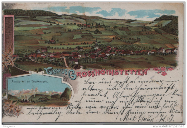 Gruss aus Grosshöchstetten - Totalansicht - Aussicht auf die Stockhornkette - farbige Litho