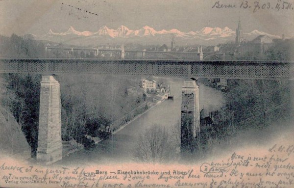 Bern - Eisenbahnbrücke und Alpen Vorderseite