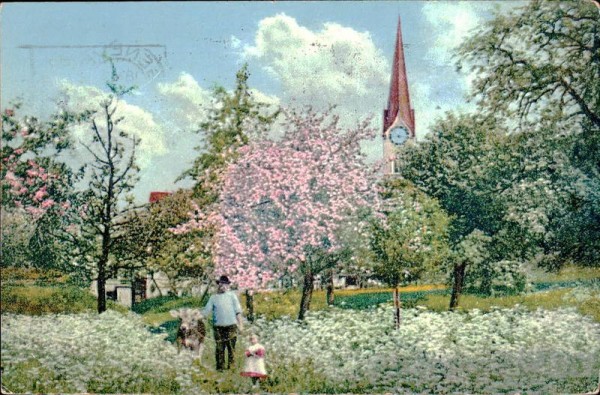 Bauer, Kalb, Mädchen, blühender Baum, Kirche Vorderseite