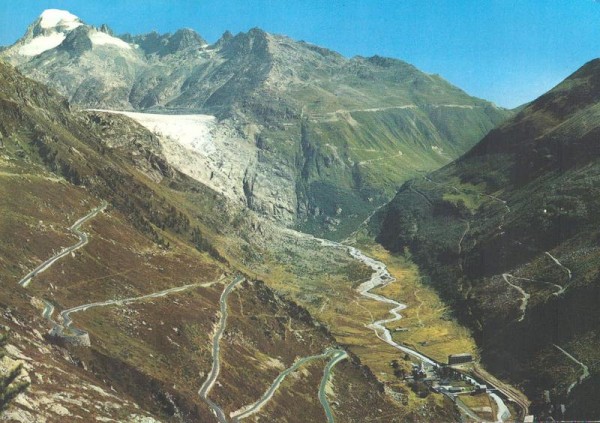 Grimsel und Furkapass-Strasse mit Gletsch, Rhonegletscher und Galenstock Vorderseite
