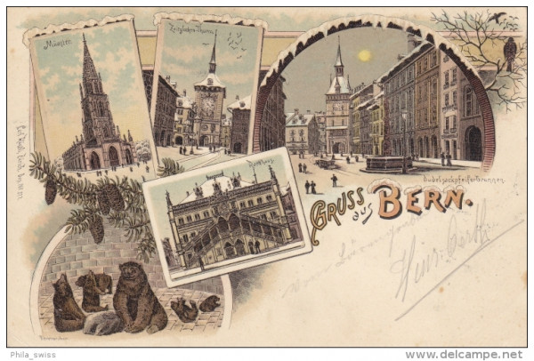 Bern - farbige Litho - Bärengraben, Münster, Zeitglocken-Turm, Rathaus Dudelsackpfeifferbrunnen
