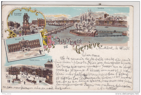 Genève, Souvenir de - Genf - Litho - en Hiver - im Winter avec brillants