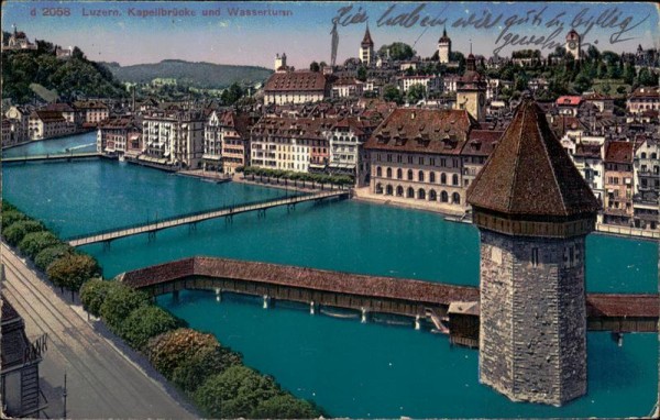Luzern, Kapelbrücke und Wasserturm Vorderseite