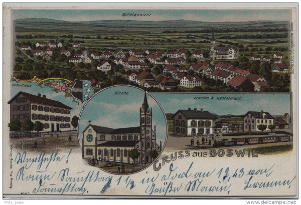 Boswil, Gruss aus - Totalansicht, Schulhaus, Kirche, Station & Restaurant - farbige Litho