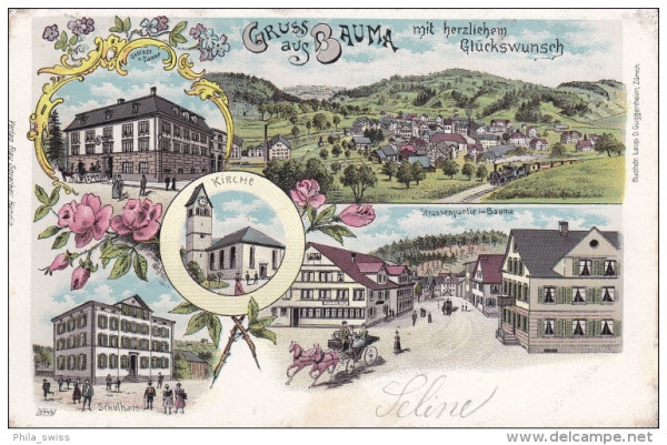 Bauma, Gruss aus ZH - farbige Litho - Kirche, Gasthof z. Tanner, Schulhaus, Strassenansicht