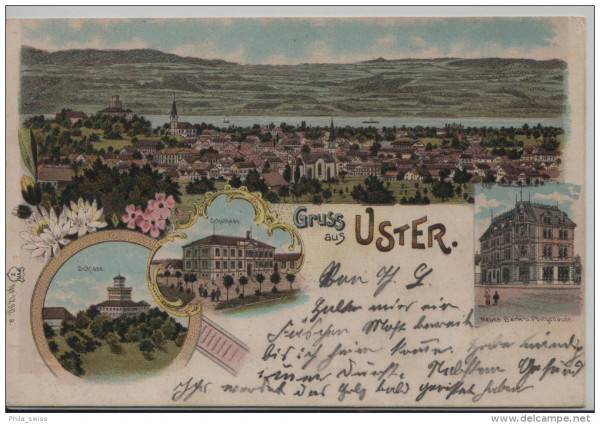 Uster, Gruss aus - farbige Litho - Schloss, Schulhaus, Neue Bank u. Postgebäude