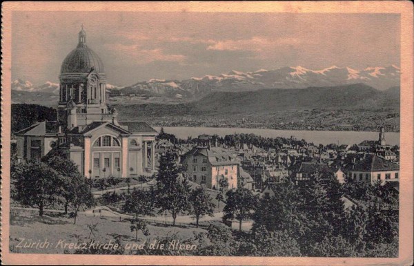 Zürich - Kreuzkirche und die Alpen Vorderseite