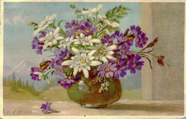Blumen in Vase mit Berglandschaft, M.Kistler Vorderseite