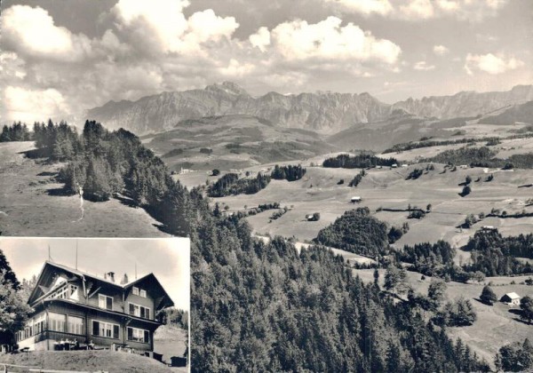 Ausflugspunkt Köbelisberg ob Lichtensteig & Wattwil (Togg.). Blick gegen die Säntiskette, Glarner- Schwyter & Berneralpen Vorderseite