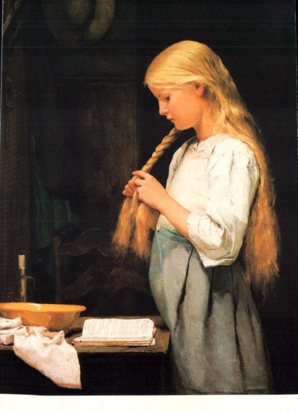 Albert Anker (1831 - 1920) - Mädchen, die Haare flechtend Vorderseite