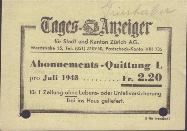 Tages-Anzeiger, Abo-Quittung 1945 Vorderseite