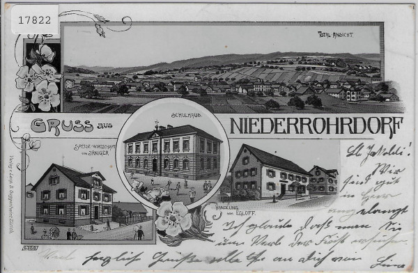 Gruss aus Niederrohrdorf schwarze Litho - Schulhaus, Wirtschaft Jrniger, Handlung Egloff 1903