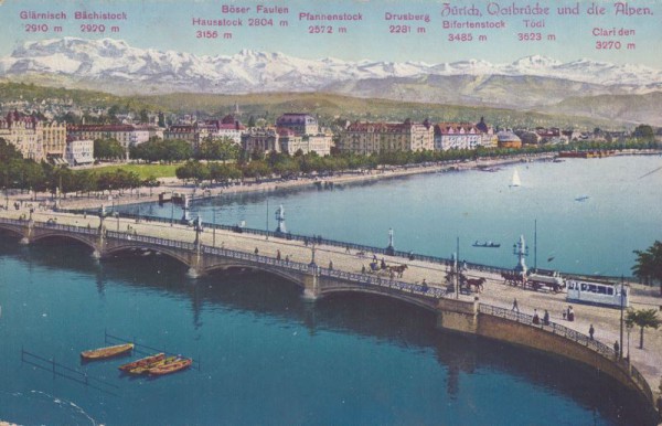 Zürich, Quaibrücke und die Alpen