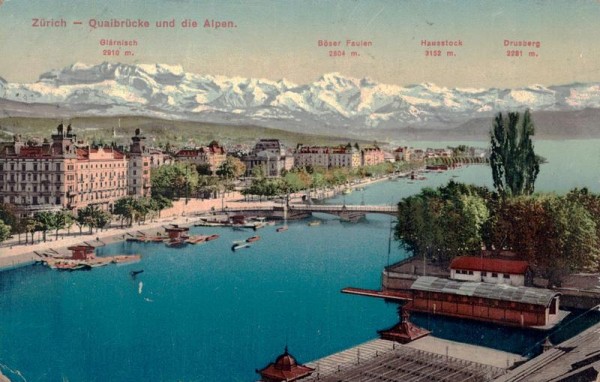 Zürich - Quaibrücke und die Alpen Vorderseite