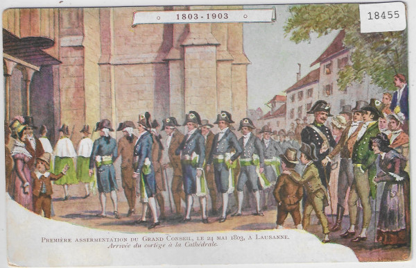 Premiere Assermentation du Grand Conseil le 24 Mai 1803 a Lausanne - Arrivee du cortege a la Cathedr