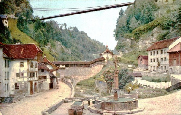 Fribourg, La fontaine de la Fidélité et le pont du Gotteron Vorderseite