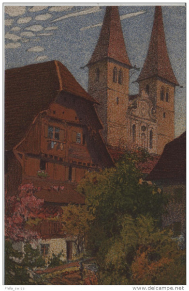 Luzern - Hofkirche mit dem alten Kaplanenhaus - Künstlerkarte - Steindruck Litho