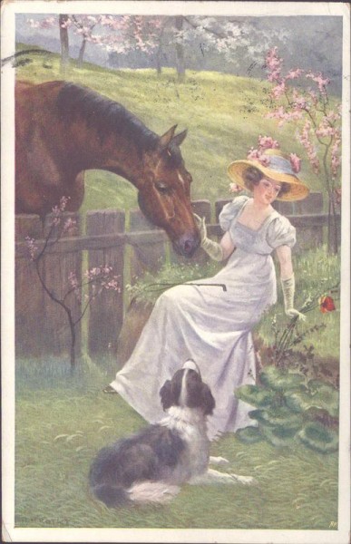 Pferd, Frau, Hund Vorderseite