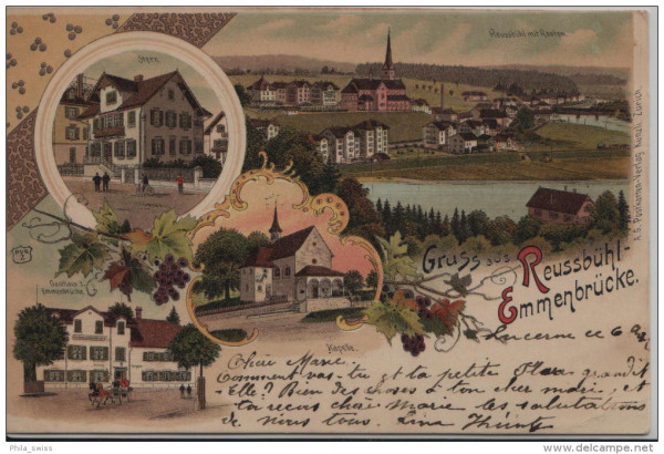 Reussbühl-Emmenbrücke, Gruss aus - farbige Litho - Stern, Gasthaus Emmenbrücke, Kapelle, Reussbühl m