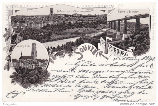 Fribourg, Gruss aus - schwarz/weiss Litho - La Cathedrale, Le Pont, Viadue de Grandfey