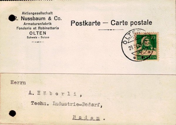 Bestellkarten, Nussbaumer & Co, Olten, 1927 Vorderseite