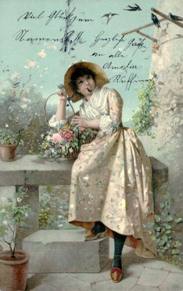 Frau mit Blumenkorb Vorderseite
