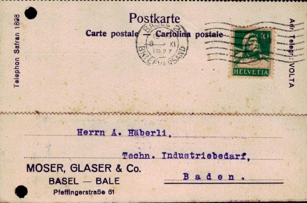 Bestellkarte; Moser, Glaser & Co, Basel, 1927 Vorderseite