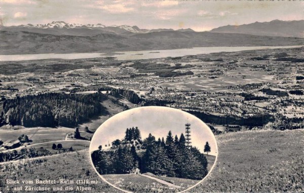 Blick vom Bachtel-Kulm auf Zürichsee und die Alpen Vorderseite