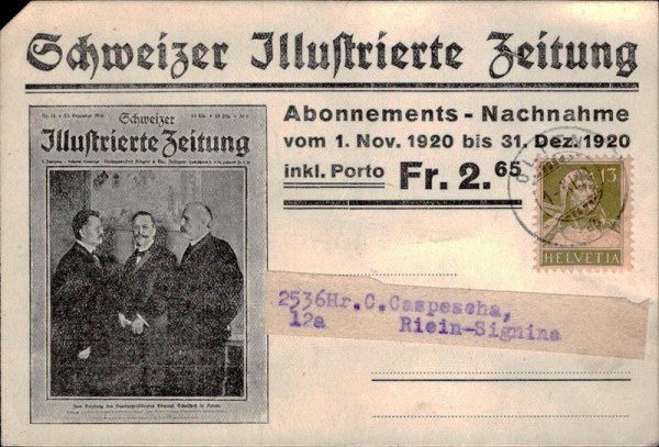 Schweizer Illustrierte Zeitung, Abonnements-Nachnahme von 1920 Vorderseite