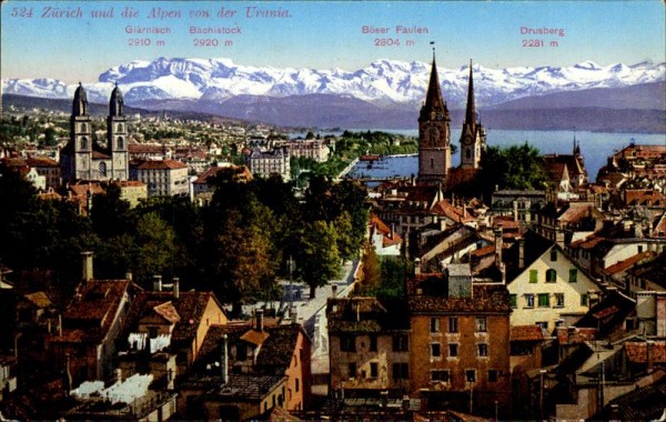 Zürich und die Alpen von der Urania. Vorderseite