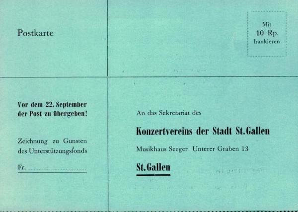 Konzertverein St. Gallen, Bestellkarte Abonnements-Konzerte 1949/1950 Vorderseite