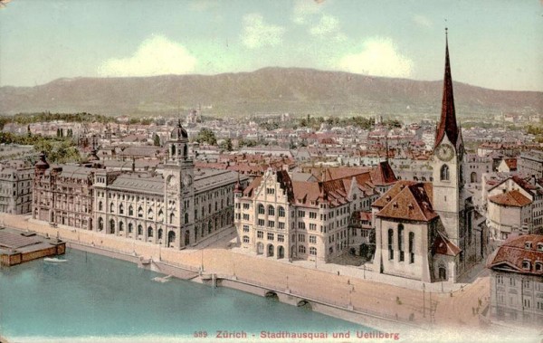 Zürich, Stadthausquai und Uetliberg Vorderseite