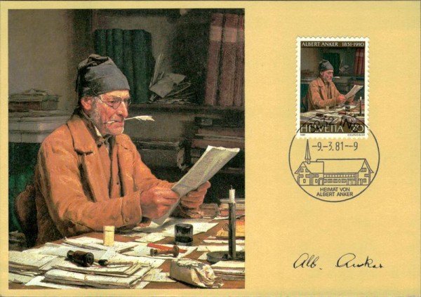 Albert Anker, Ins, Karte mit entsprechender Briefmarke Vorderseite