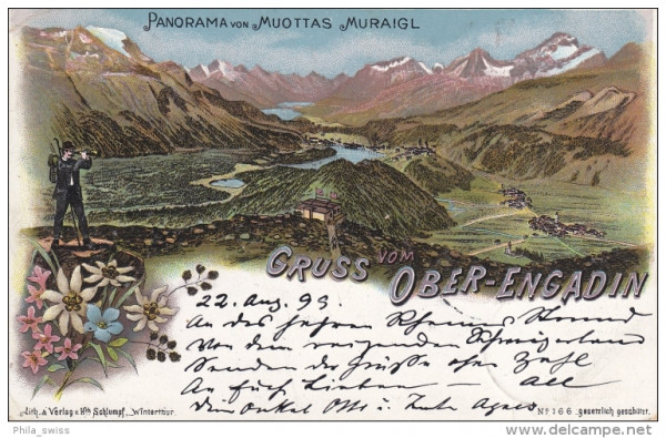 Ober-Engadin - farbige Litho - Panoram vom Muottas Muraigl