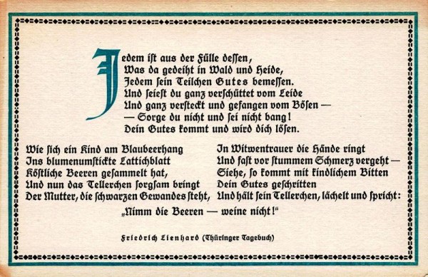 Spruchkarten von Friedrich Lienhards Werken, Thüringer Tagebuch; Jedem ist aus der Fülle... Vorderseite