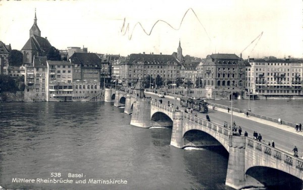 Basel. Mittlere Rheinbrücke und Martinskirche Vorderseite