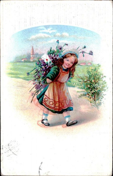 Kind mit Blumen und Brief Vorderseite