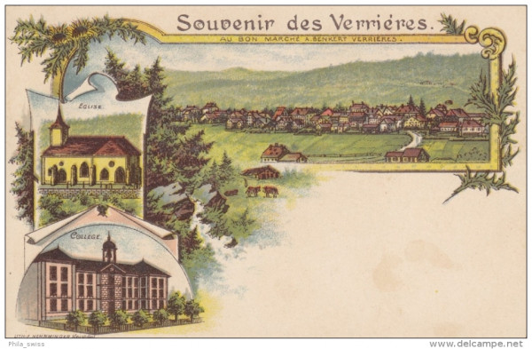 Verrières, Souvenir des - Litho - College - Eglise