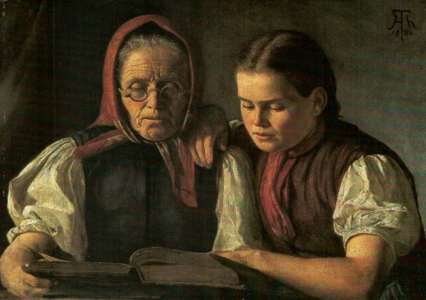 "Mutter und Schwester des Künstlers in der Bibel lesend", Hans Thoma Vorderseite