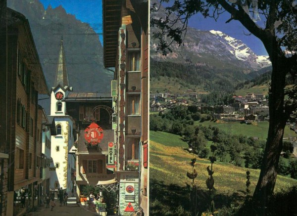Dorfstrasse mit Kirche / Dorf mit Gitzifurgge, Leukerbad Vorderseite