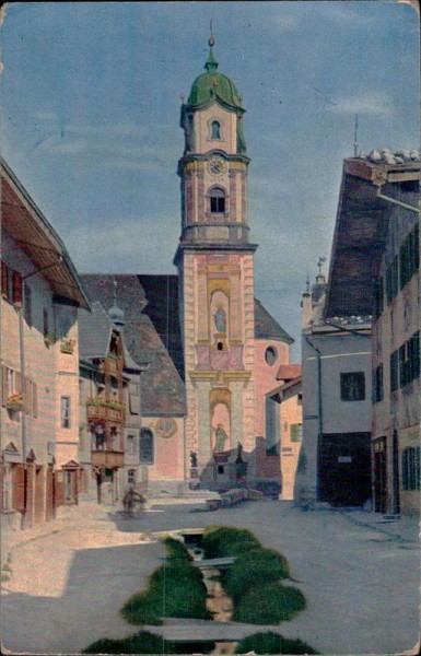 Mittenwald - Kirche mit Klotz-Denkmal und Goethehaus Vorderseite