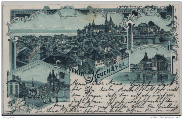 Neuchatel, Souvenir de - Vue generale, Place du Marche, Hotel des Postes, Musée des Beaux-Arts - Lit
