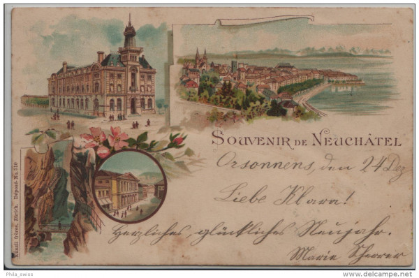 Neuchatel - Neuenburg, Souvenir de - 4 Bild Litho